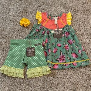 Matilda Jane Sights to See Tunic, Green Polkadot shorties, Yellow bow NWT size 4